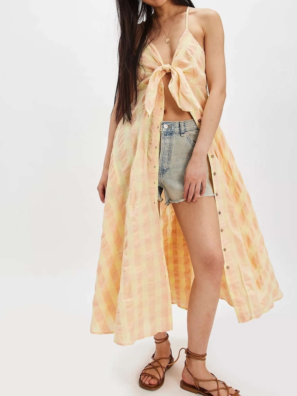 Free People Peach and Yellow Gingham Tie-Front Maxi Dress - Picture 2 of 12